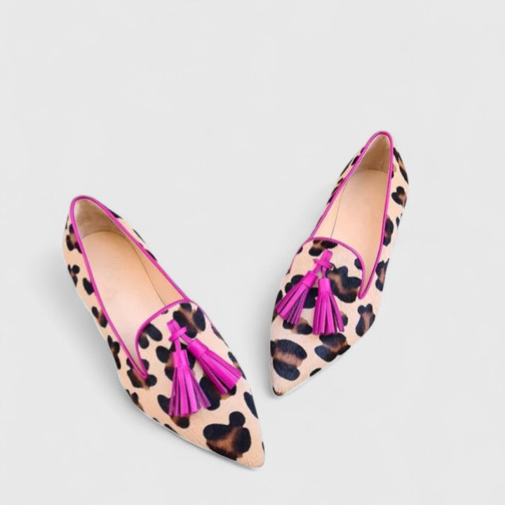 Magdalena | Women's Orthopedic Comfort Slip-On Leopard Print Tassel Loafers with Pointed Toe — Pink