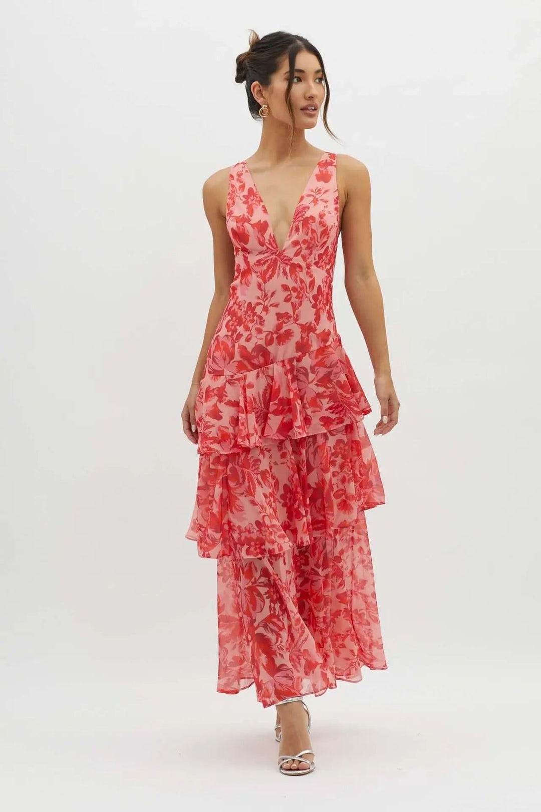 Elegant pose floral maxi dress model plain background
