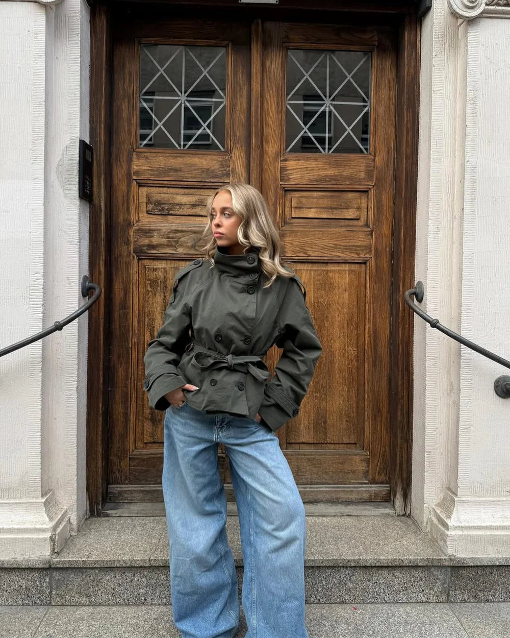 Marenienne | Women's Cropped Trench Coat, Outerwear — Army Green
