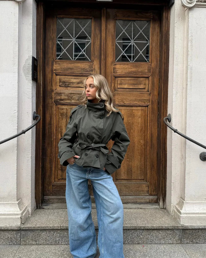 Marenienne | Women's Cropped Trench Coat, Outerwear — Army Green