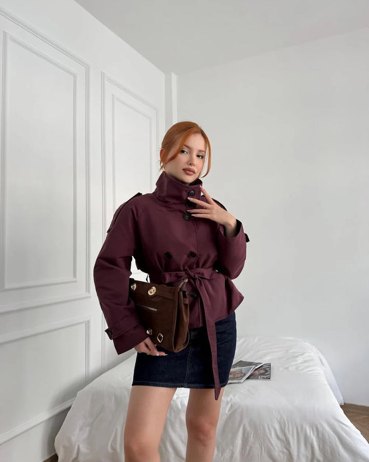 Marenienne | Women's Cropped Trench Coat, Outerwear — Burgundy