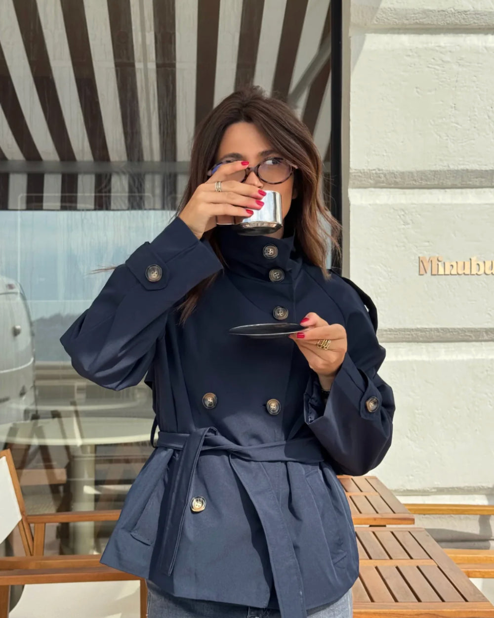 Marenienne | Women's Cropped Trench Coat, Outerwear — Navy