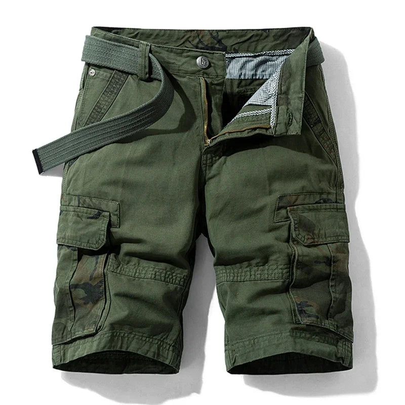 Relaxed fit cargo shorts with camo accents on a plain background.