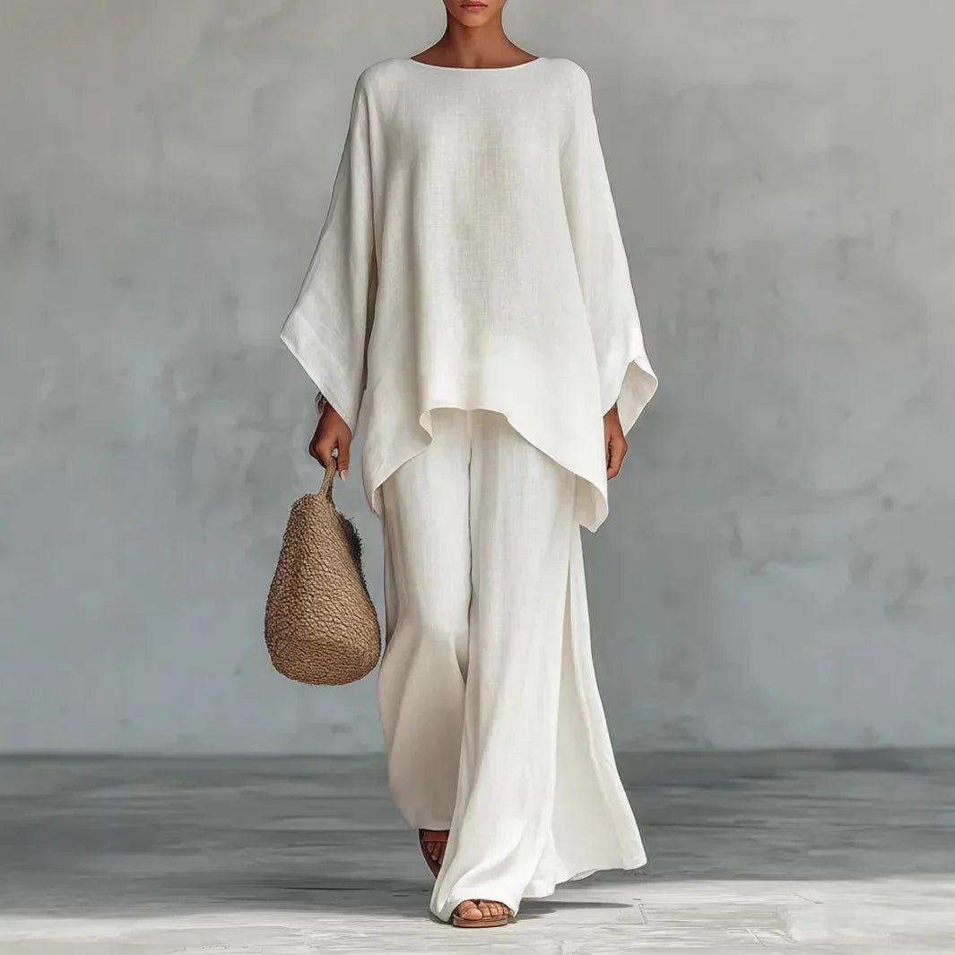 Melisanana | Women's Wide-Leg Linen Asymmetrical Top Wide Leg Pants Set — 1