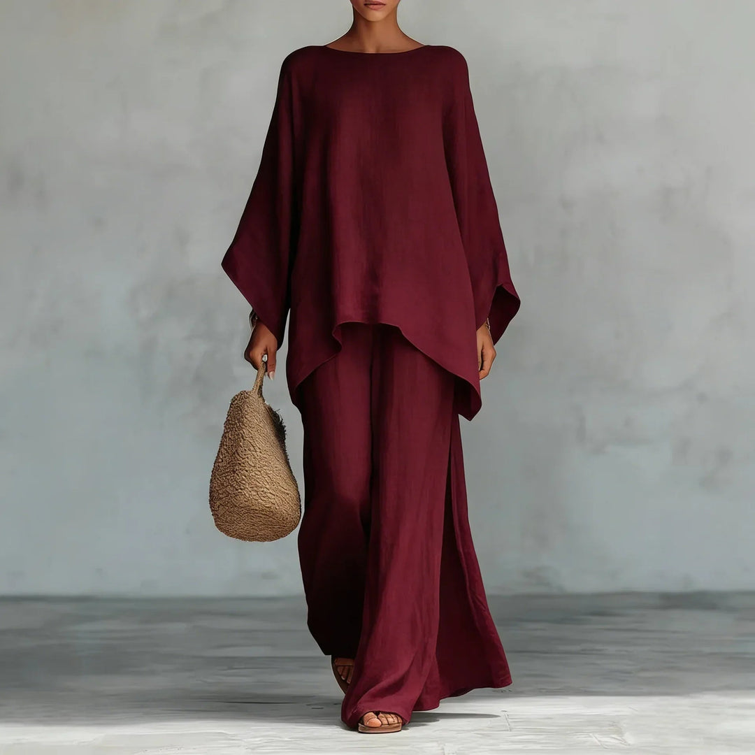 Melisanana | Women's Wide-Leg Linen Asymmetrical Top Wide Leg Pants Set — Burgundy