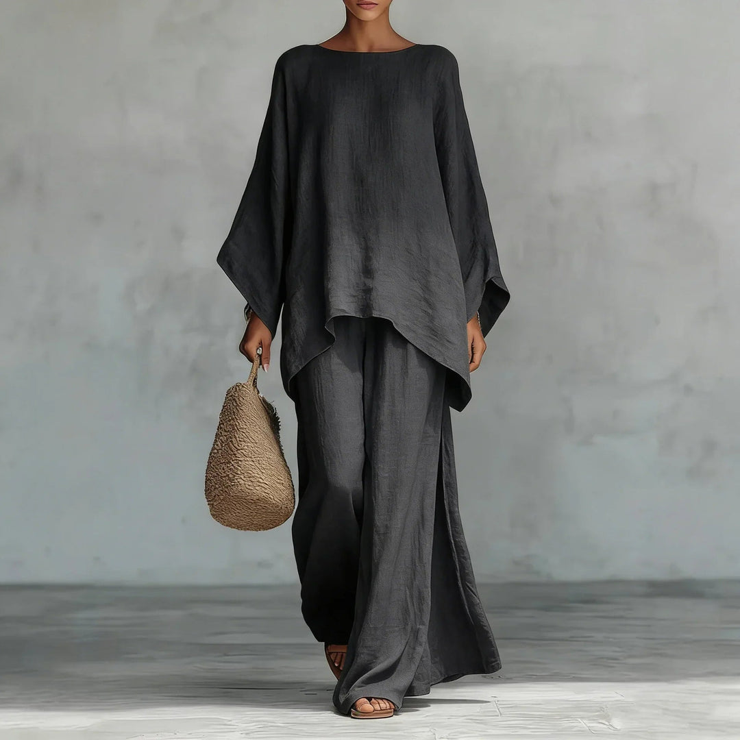 Melisanana | Women's Wide-Leg Linen Asymmetrical Top Wide Leg Pants Set — Dark Gray