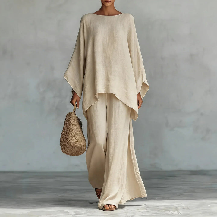 Melisanana | Women's Wide-Leg Linen Asymmetrical Top Wide Leg Pants Set — Khaki