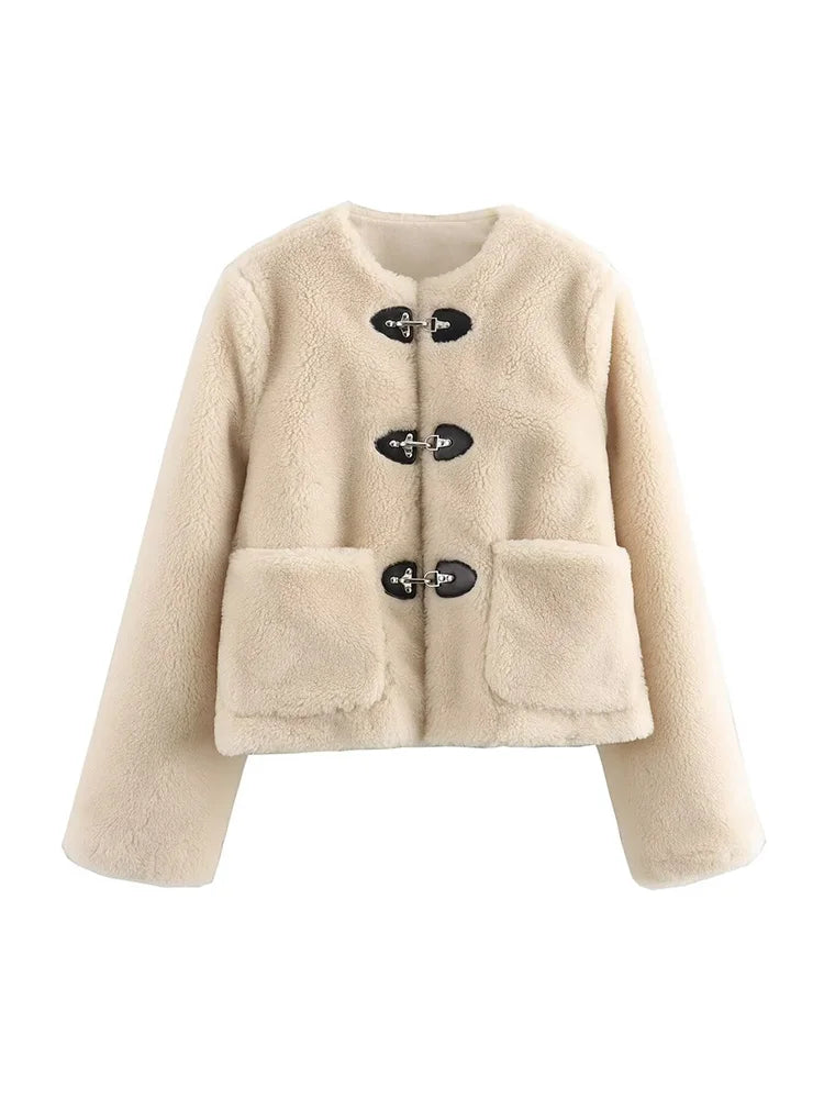 Melisaneen | Women's Teddy Button Jacket, Fleece Jacket — Beige