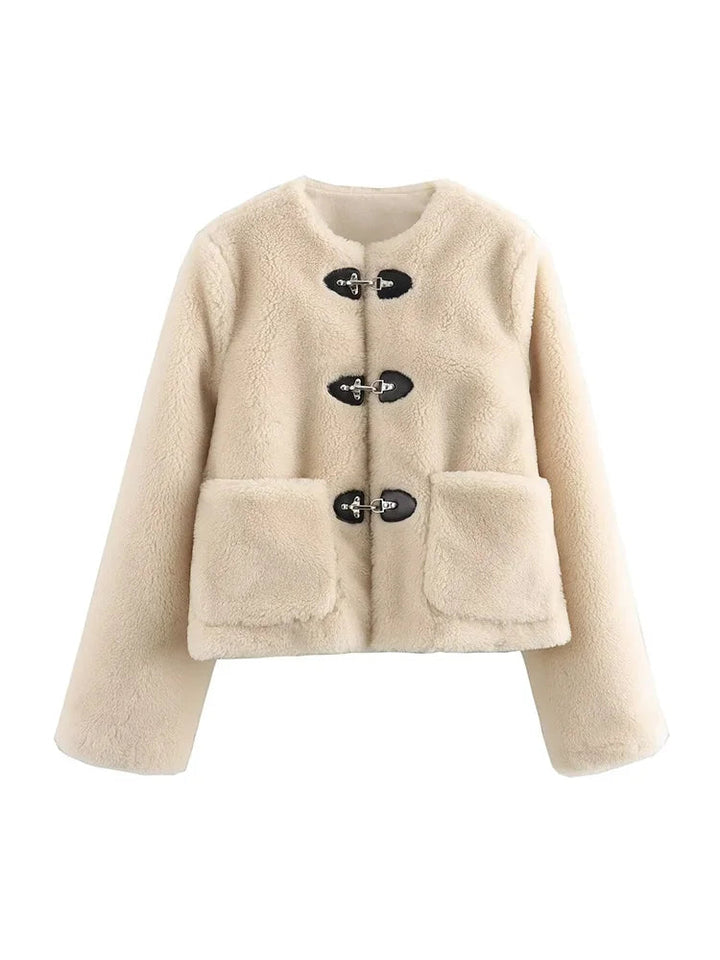 Melisaneen | Women's Teddy Button Jacket, Fleece Jacket — Beige