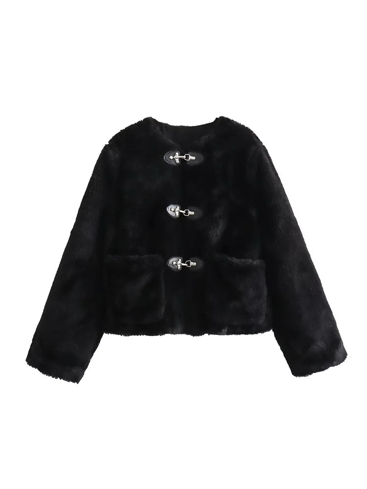 Melisaneen | Women's Teddy Button Jacket, Fleece Jacket — Black