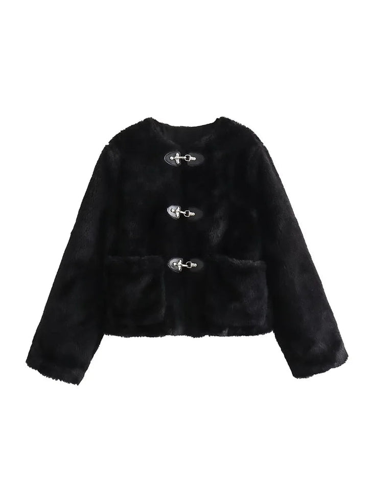 Melisaneen | Women's Teddy Button Jacket, Fleece Jacket — Black