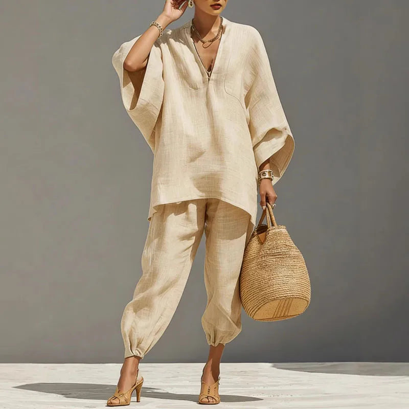 Melisanlora | Women's Two-Piece Batwing Wide Leg Matching Set — Apricot
