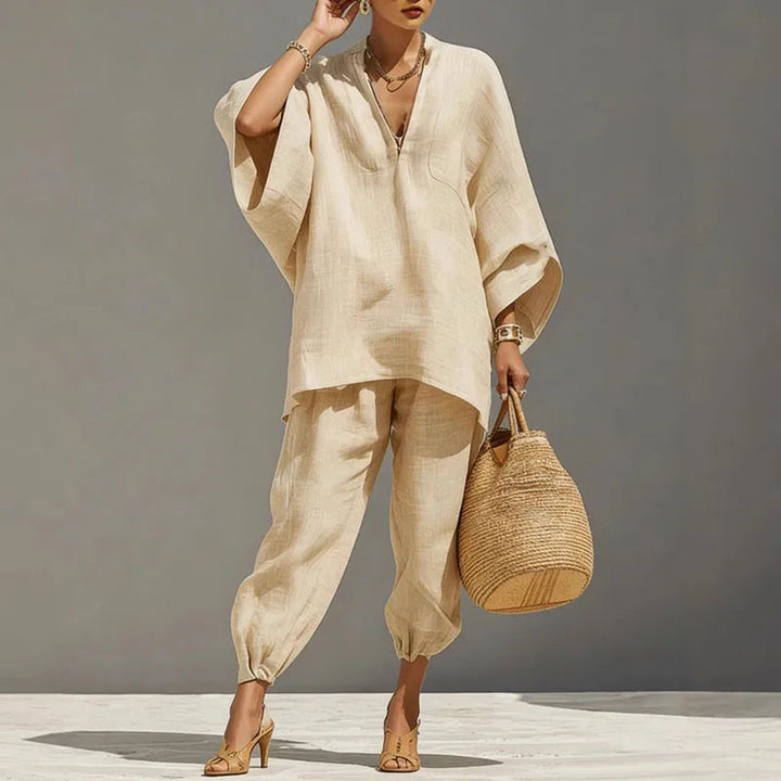 Melisanlora | Women's Two-Piece Batwing Wide Leg Matching Set — Apricot
