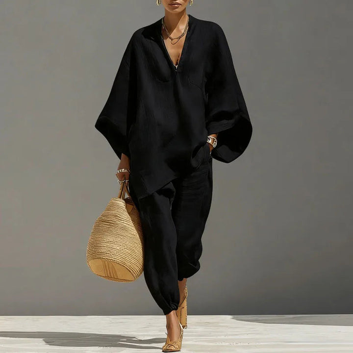Melisanlora | Women's Two-Piece Batwing Wide Leg Matching Set — Black