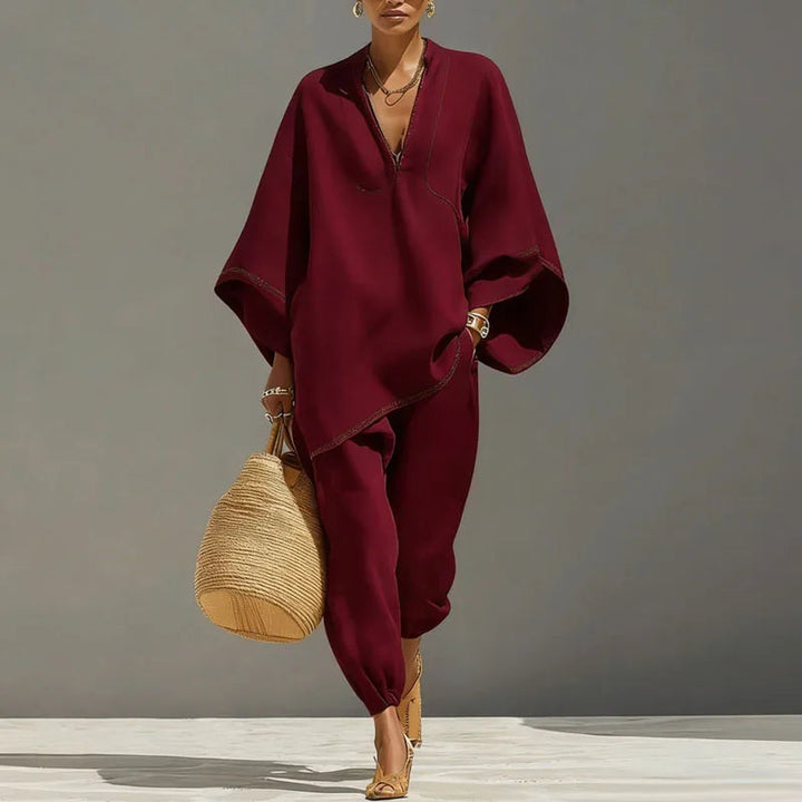 Melisanlora | Women's Two-Piece Batwing Wide Leg Matching Set — Wine Red