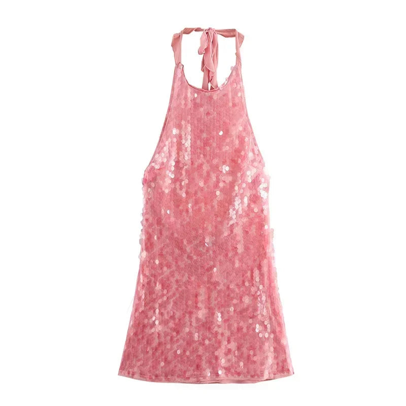 Melisanoura | Women's Elegant Pink Slim Sleeveless Backless Mini Dress — pink