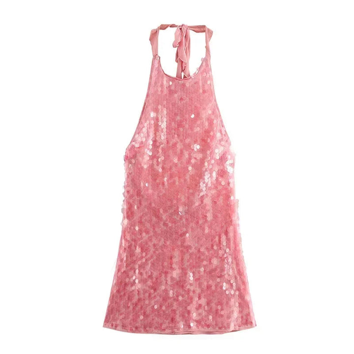Melisanoura | Women's Elegant Pink Slim Sleeveless Backless Mini Dress — pink