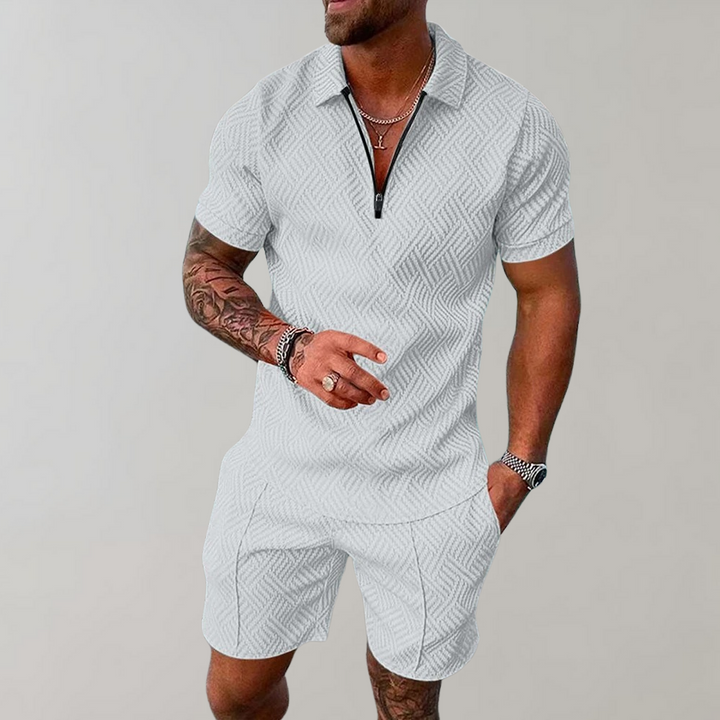 Man standing in a coordinated casual set  