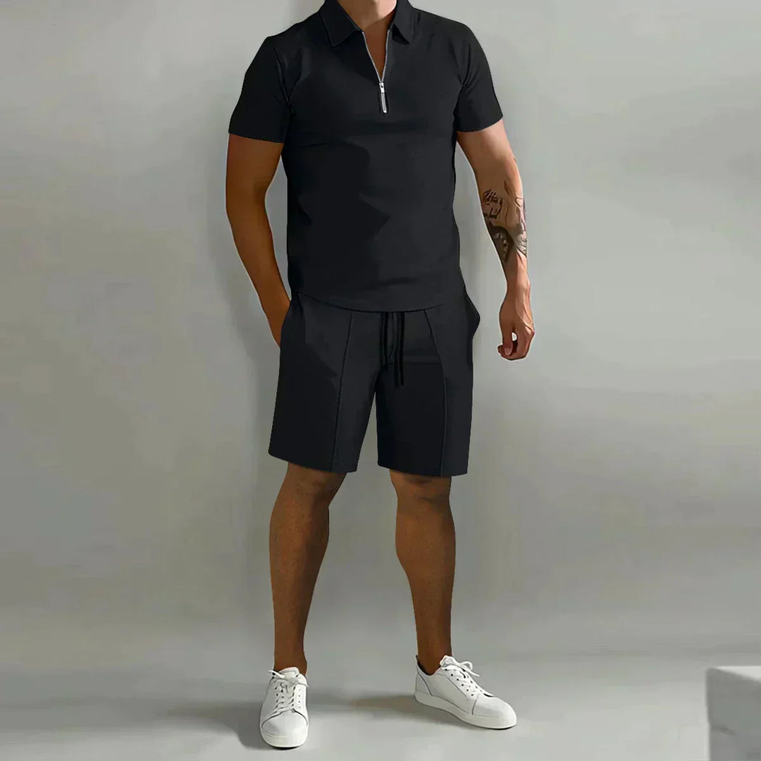 Male model posing in a matching casual outfit