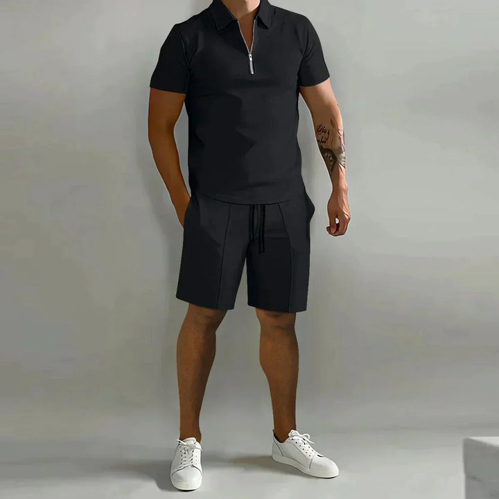 Male model posing in a matching casual outfit