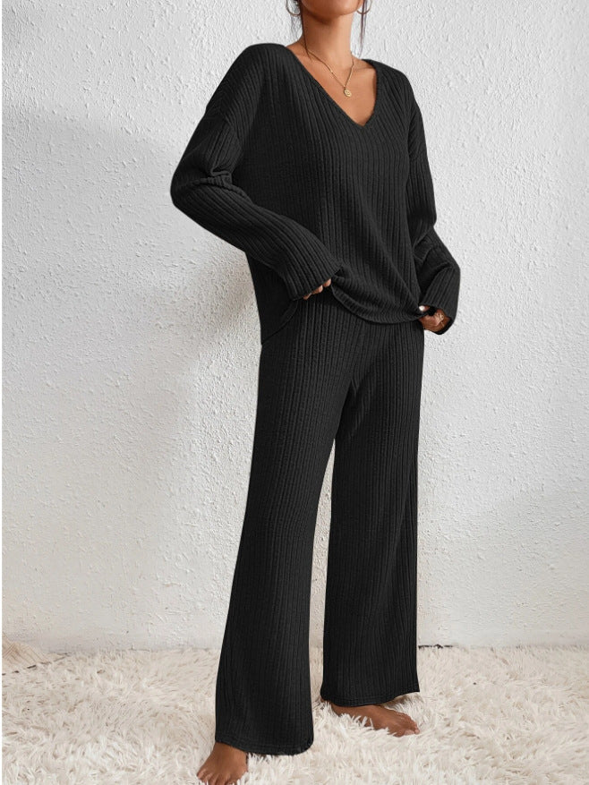 Miraanne | Women's Ribbed Knit V-Neck Wide Leg Two-Piece Lounge Set