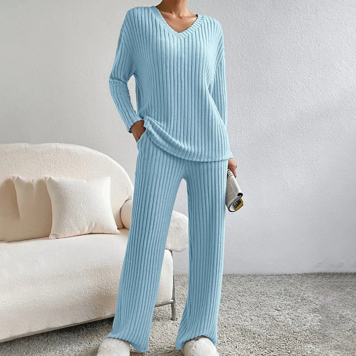 Miraanne | Women's Ribbed Knit V-Neck Wide Leg Two-Piece Lounge Set