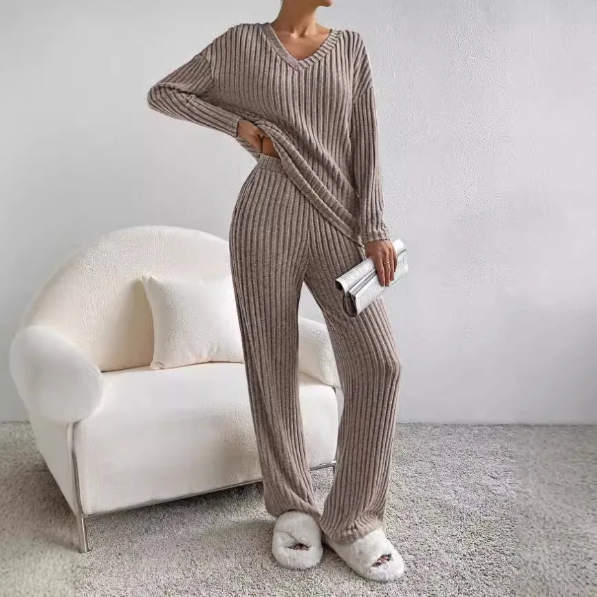 Miraanne | Women's Ribbed Knit V-Neck Wide Leg Two-Piece Lounge Set