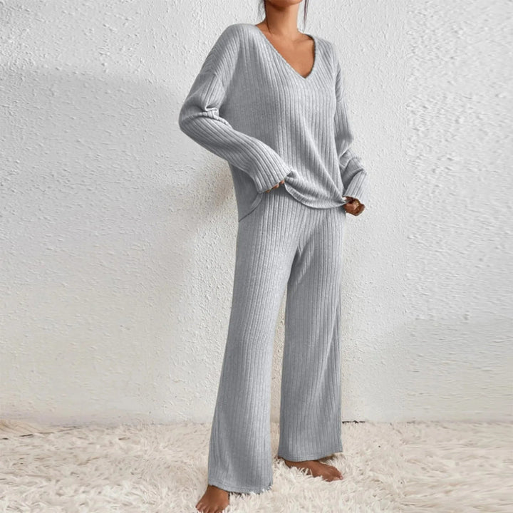 Miraanne | Women's Ribbed Knit V-Neck Wide Leg Two-Piece Lounge Set