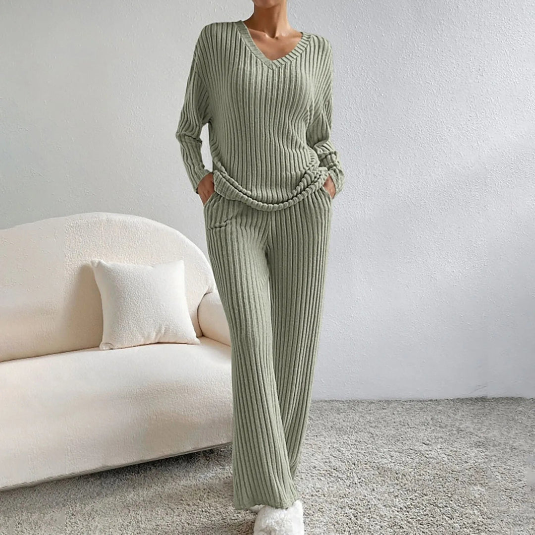 Miraanne | Women's Ribbed Knit V-Neck Wide Leg Two-Piece Lounge Set