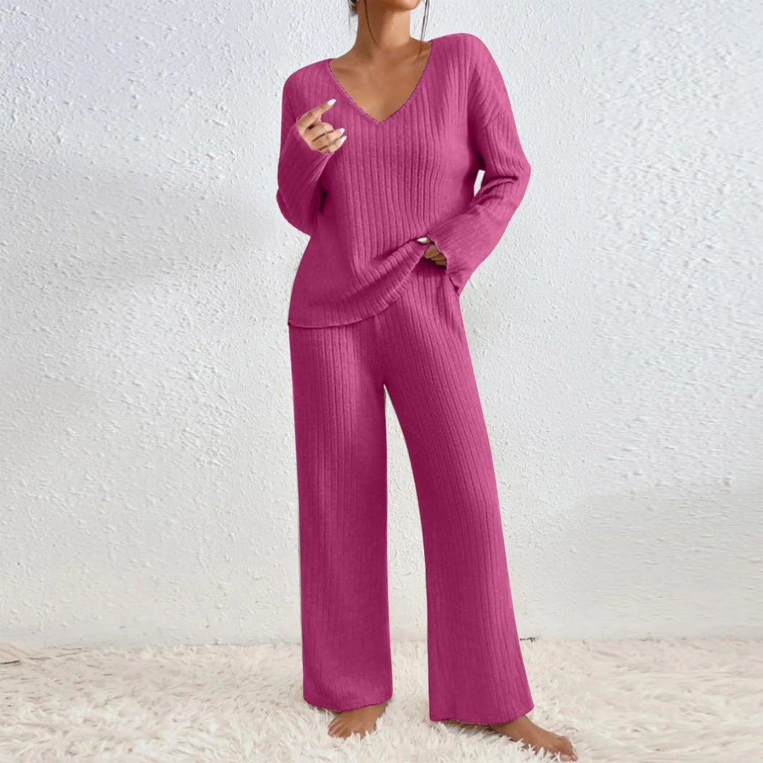 Miraanne | Women's Ribbed Knit V-Neck Wide Leg Two-Piece Lounge Set