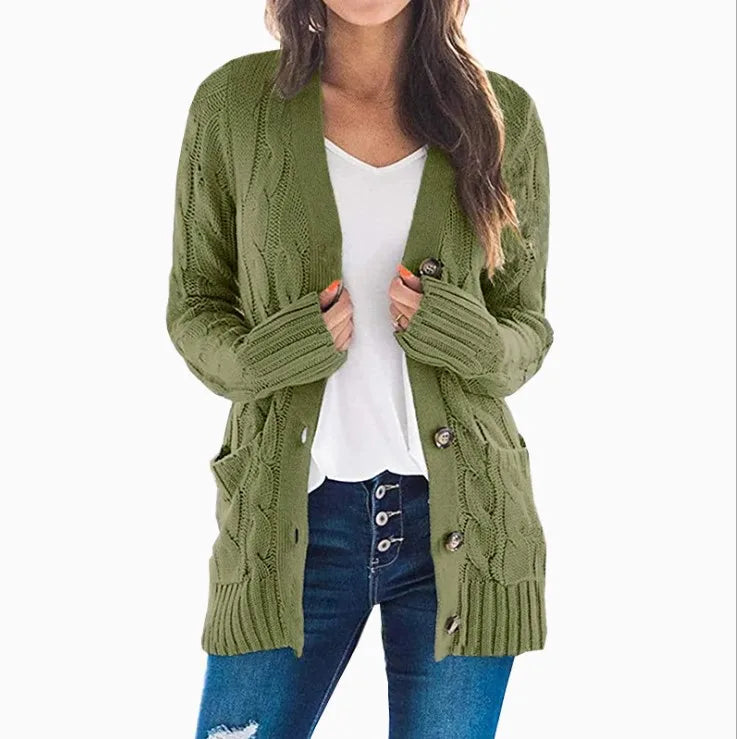 Miraanthe | Women's Cozy Cardigan Sweater Cable Knit V-Neck Button Down Oversized — Army Green