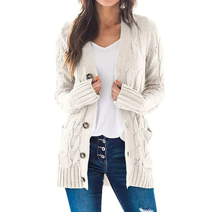 Miraanthe | Women's Cozy Cardigan Sweater Cable Knit V-Neck Button Down Oversized — Beige