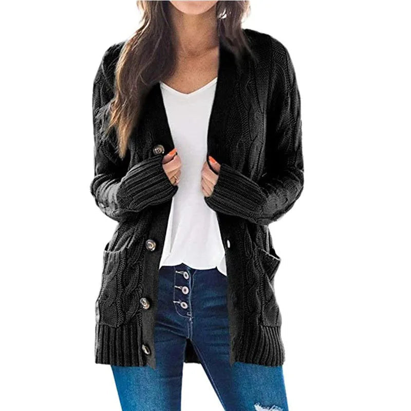Miraanthe | Women's Cozy Cardigan Sweater Cable Knit V-Neck Button Down Oversized — Black
