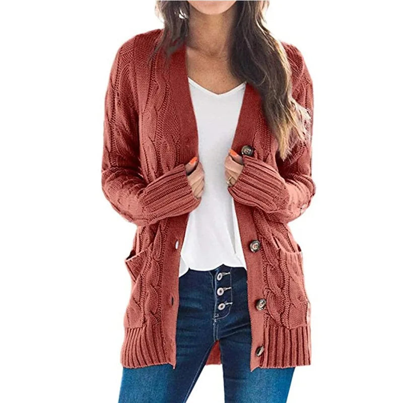 Miraanthe | Women's Cozy Cardigan Sweater Cable Knit V-Neck Button Down Oversized — Brick Red