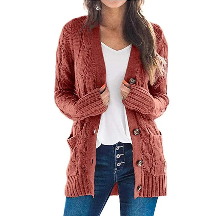 Miraanthe | Women's Cozy Cardigan Sweater Cable Knit V-Neck Button Down Oversized — Brick Red