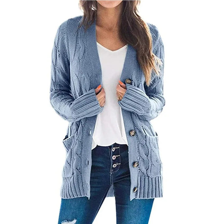 Miraanthe | Women's Cozy Cardigan Sweater Cable Knit V-Neck Button Down Oversized — Light Blue