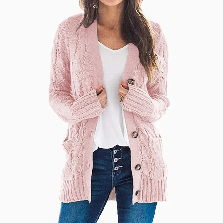 Miraanthe | Women's Cozy Cardigan Sweater Cable Knit V-Neck Button Down Oversized — Pink