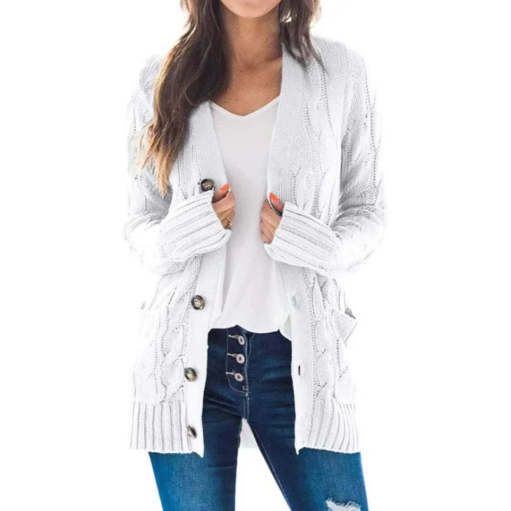 Miraanthe | Women's Cozy Cardigan Sweater Cable Knit V-Neck Button Down Oversized — White
