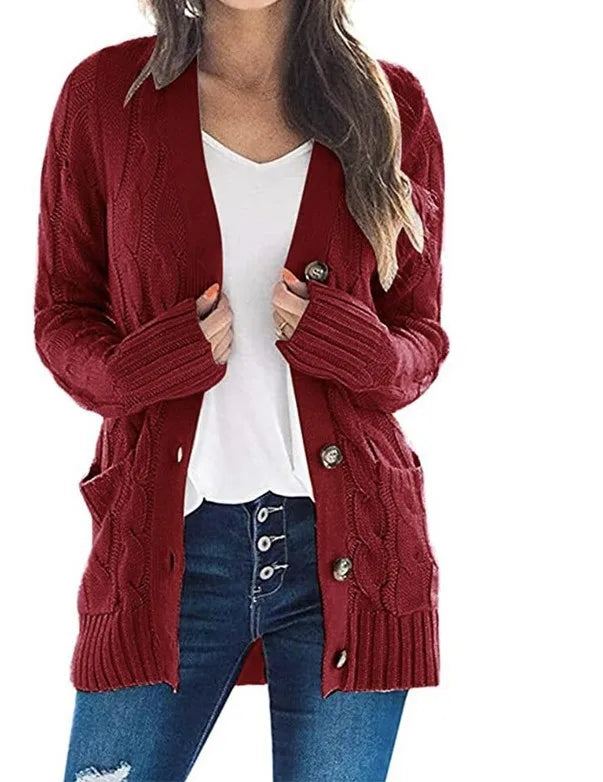 Miraanthe | Women's Cozy Cardigan Sweater Cable Knit V-Neck Button Down Oversized — Wine Red