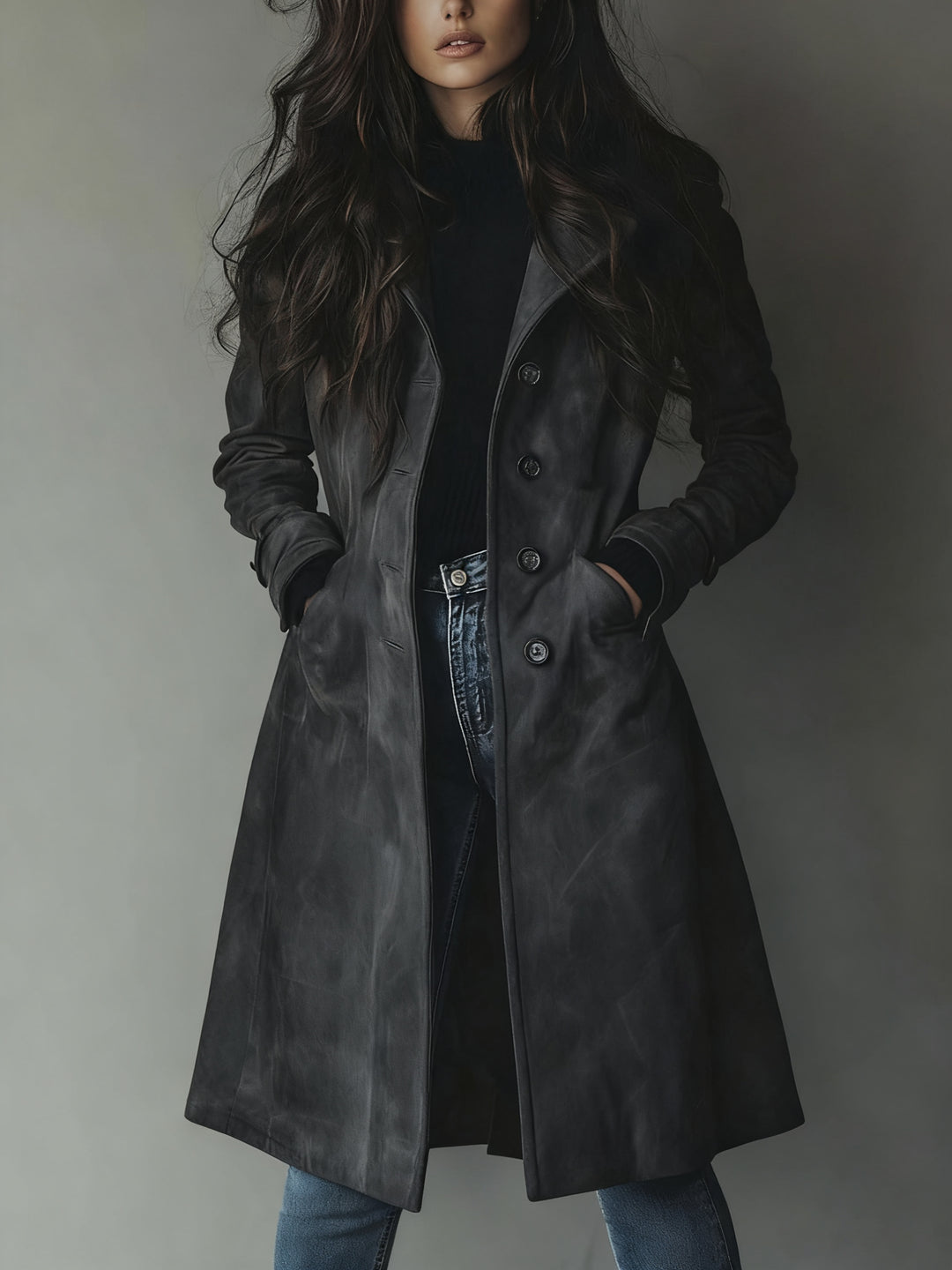 Miracine | Women's Longline Trench Coat with Double-Breasted Front — Dark Grey