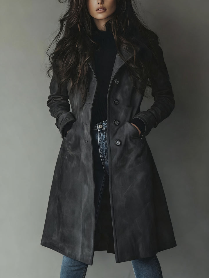 Miracine | Women's Longline Trench Coat with Double-Breasted Front — Dark Grey