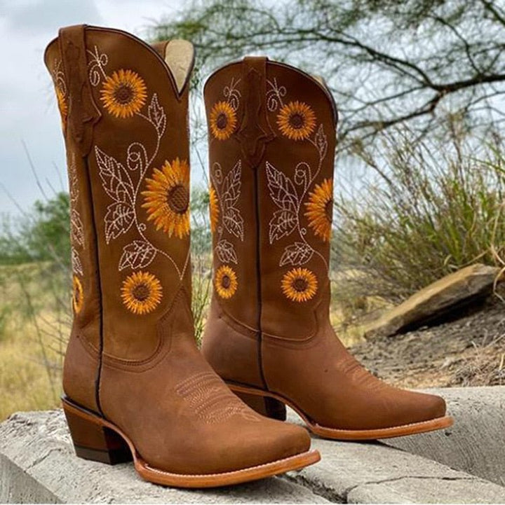 Miraine | Women's Orthopedic Floral Mid-Calf Boots — Brown