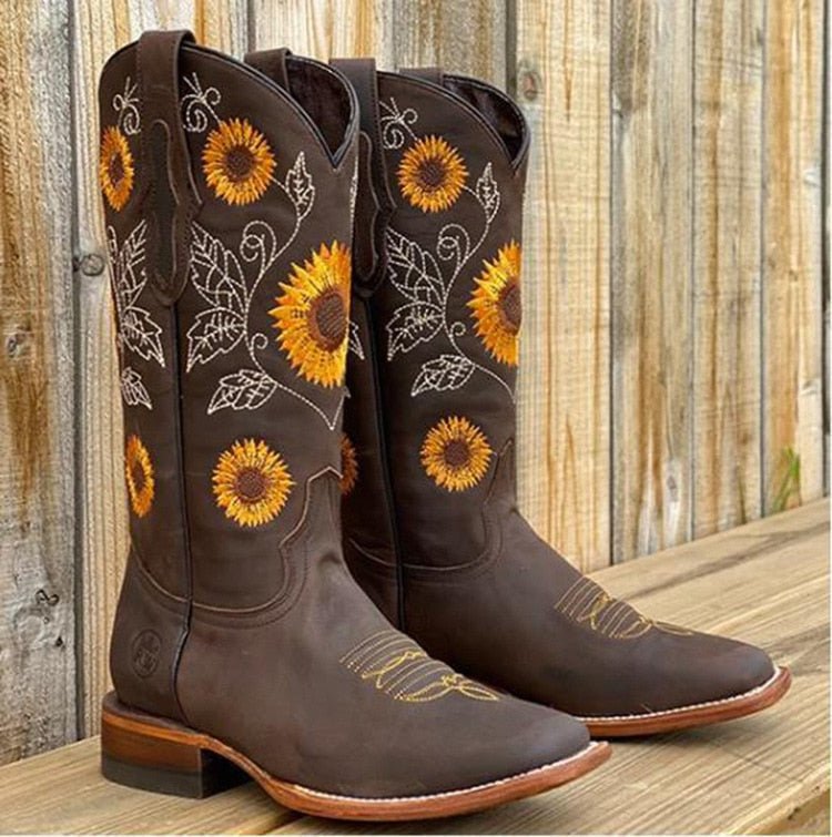 Miraine | Women's Orthopedic Floral Mid-Calf Boots — Dark Brown