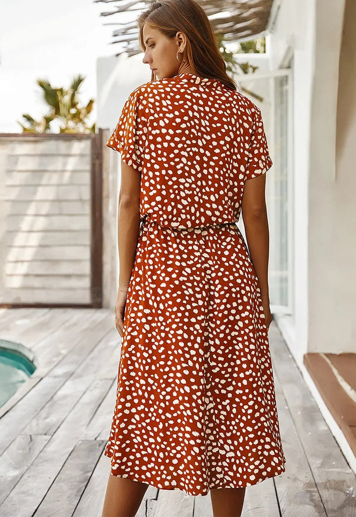 Summer back view midi dress with waist drawstring