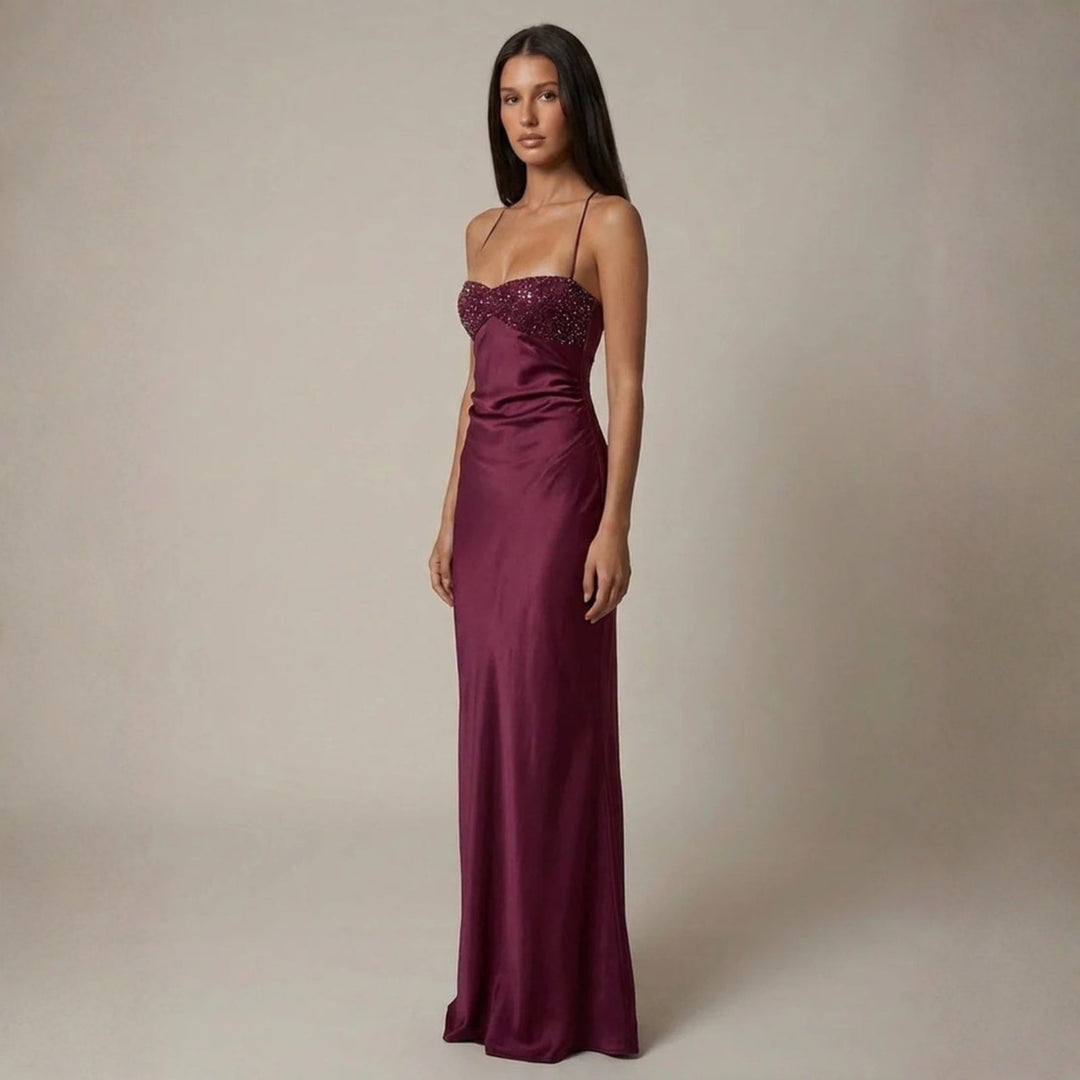 Nadia | Women's Wedding Guest Elegant The Verona Satin-Finish Maxi Dress Dresses — 3