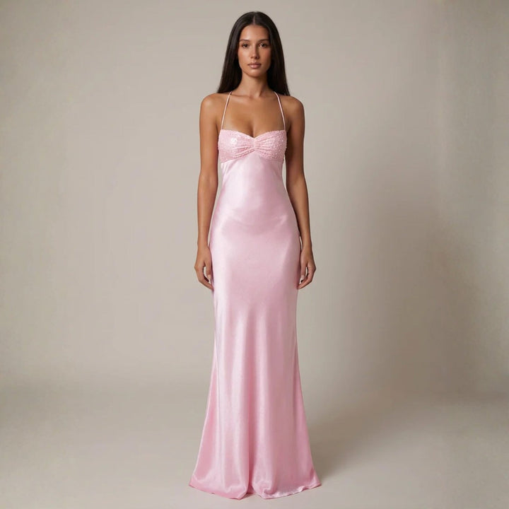 Nadia | Women's Wedding Guest Elegant The Verona Satin-Finish Maxi Dress Dresses — Pink
