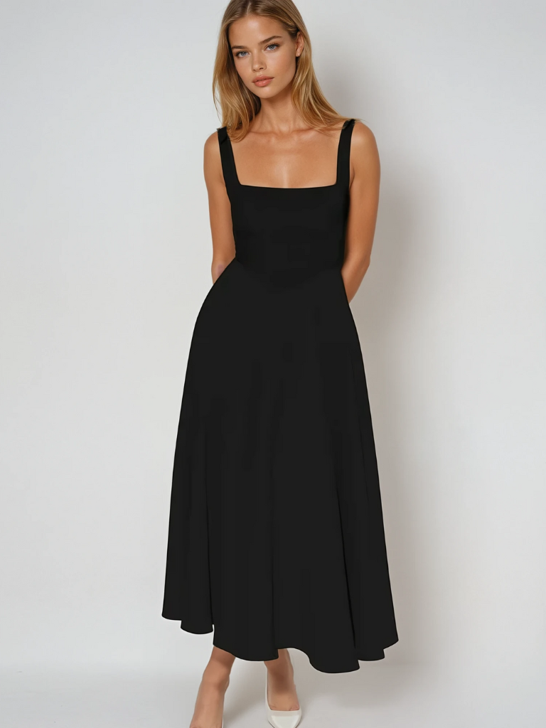 Nevaaine | Women's Wedding Guest Elegant Midi Dress Dresses — Black