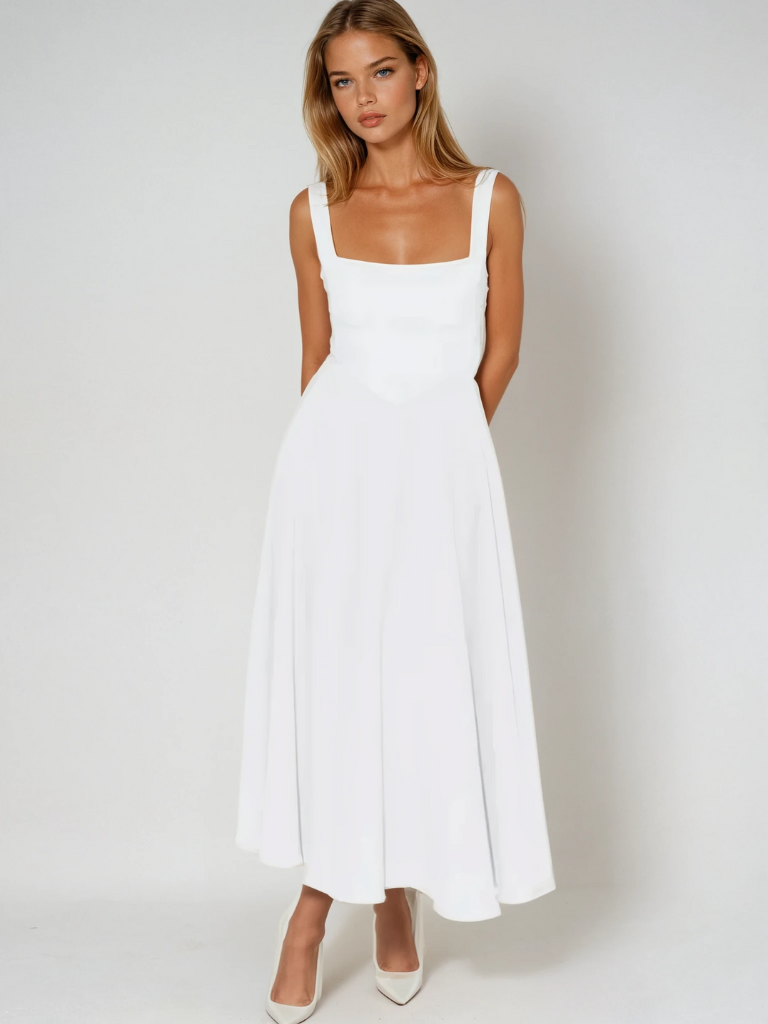 Nevaaine | Women's Wedding Guest Elegant Midi Dress Dresses — White