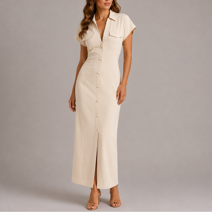 Nevaessa | Women's Wedding Guest Elegant Tailored Denim Midi Dress with Side Zip Dresses — Beige