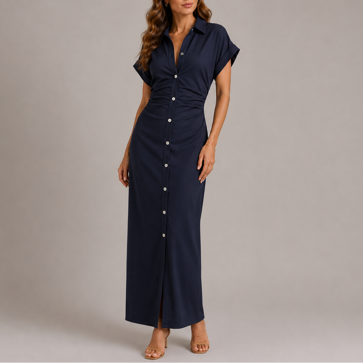 Nevaessa | Women's Wedding Guest Elegant Tailored Denim Midi Dress with Side Zip Dresses — 1